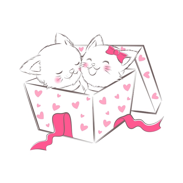Plik wektorowy słodka para kotów w miłości pudełko na prezent ręcznie rysowane ilustracji stylu