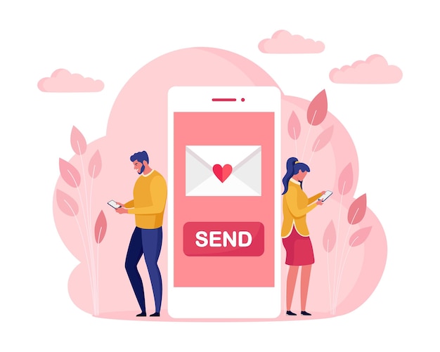 Słodka Para Wyśle Do Siebie List Miłosny Przez Telefon Happy Valentines Day Smartphone Z Sms, Email