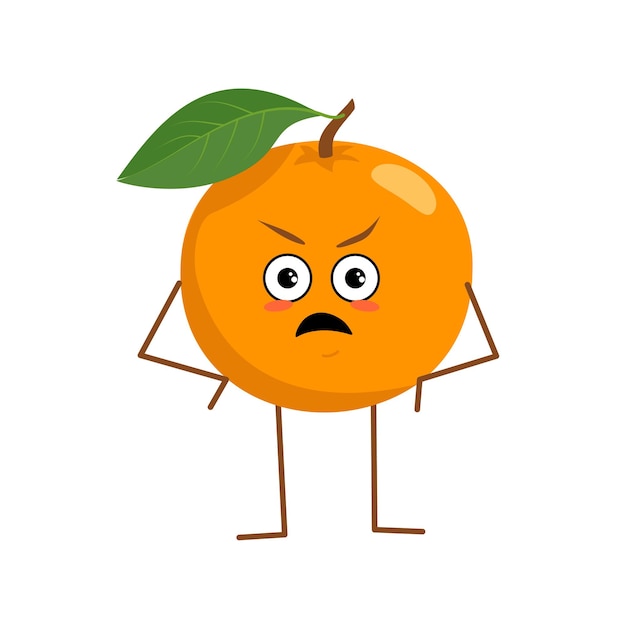 Słodka Pomarańcza Z Gniewnymi Emocjami Zabawny Lub Zrzędliwy Bohater Pomarańczowy Owoc