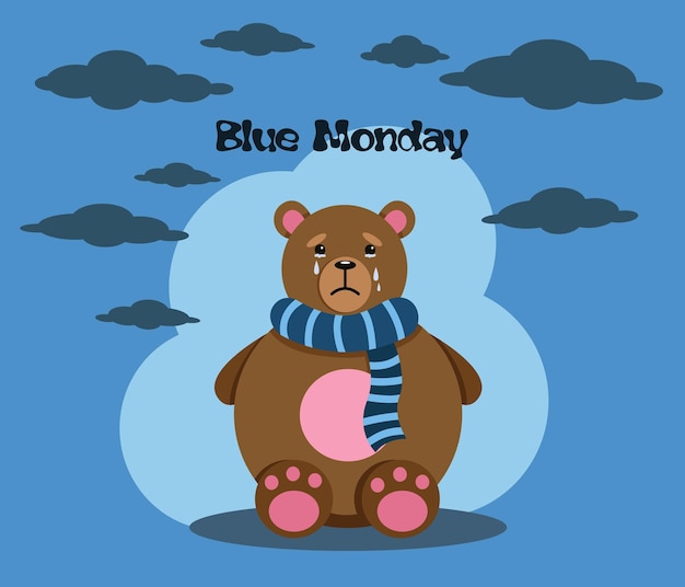 Słodka Postać Smutnego Niedźwiedzia Siedzi I Płacze W Chmurach W Niebieski Poniedziałek