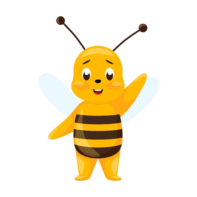 Słodka Pszczoła Macha Powitaniem Na Białym Tle Uśmiechnięta Postać Z Kreskówki Szczęśliwa