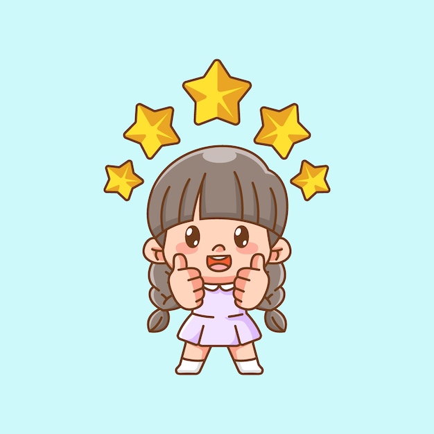 Słodka, szczęśliwa dziewczynka, podnieś kciuk i pięć gwiazdek. Maskotka postaci Kawaii Chibi.