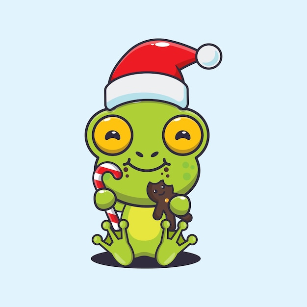 Słodka żaba Jedząca świąteczne Ciasteczka I Cukierki. ładny Boże Narodzenie Ilustracja Kreskówka.