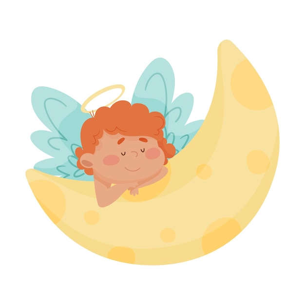 Plik wektorowy słodki anioł z złotym nimbusem i skrzydłami śpiący na ilustracji wektorowej półksiężyca