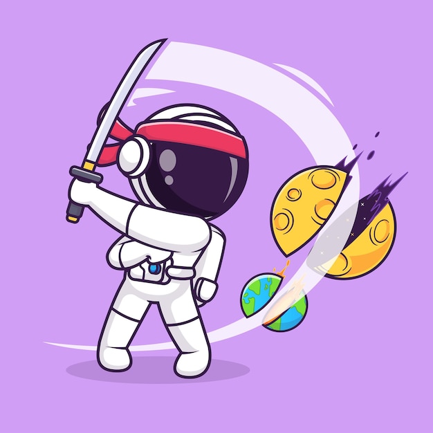 Słodki astronauta Ninja Slash Planet With Katana Sword Karikatura Ikony Wektorowe Ilustracja Święta Nauki