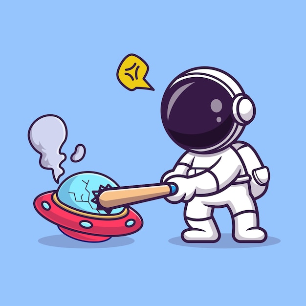 Plik wektorowy słodki astronauta zniszczyć ufo z baseball kij kreskówka wektor ikona ilustracja nauka technologia