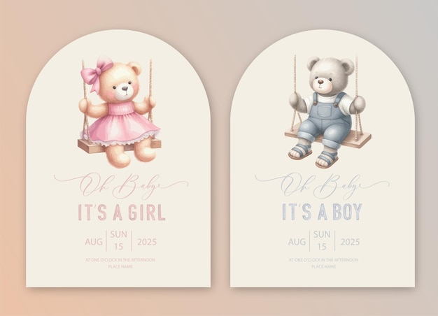Plik wektorowy słodki baby shower akwarelowy wizytówka z niedźwiedziem hello baby kaligrafia