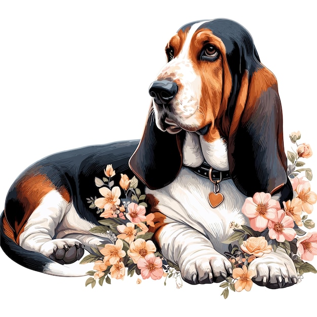 Plik wektorowy słodki basset hound pies kwiatów vector style biały tło