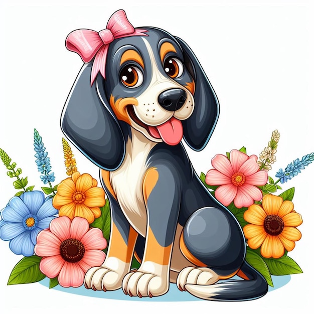 Plik wektorowy słodki bluetick coonhound dog and flowers ilustracja z kreskówki wektorowej