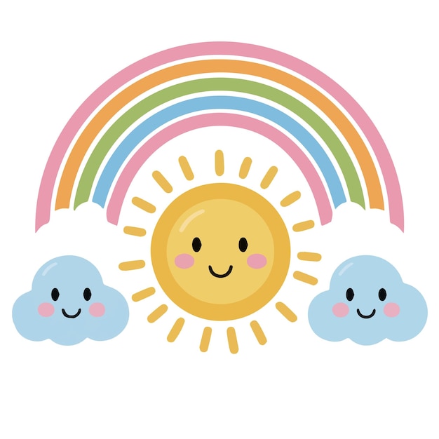 Słodki bohater kreskówki z tęczą i uśmiechniętymi chmurami zilustrowanymi w stylu kawaii