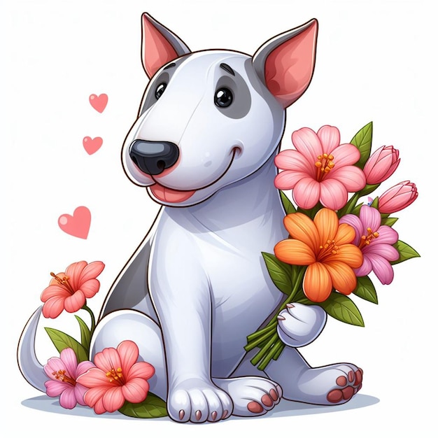 Słodki Bull Terrier Pies I Kwiaty Ilustracja Z Kreskówek