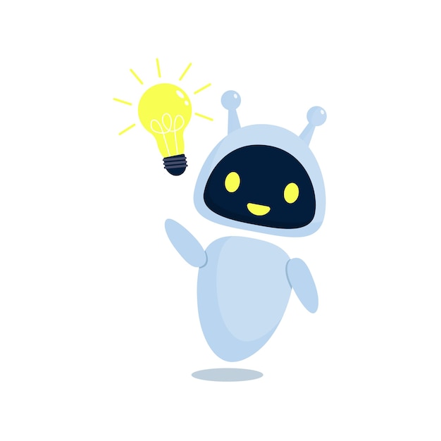 Słodki chat bot i świecąca żarówka Tworzenie pomysłów przy użyciu sztucznej inteligencji Pomysł biznesowy lub strategia sztuczna inteligencja Innowacja i koncepcja naukowa Ilustracja wektorowa płaska