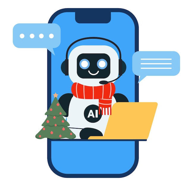 Słodki chat robot asystent z świątecznym drzewem czerwony szalik i żółty laptop do obsługi klienta
