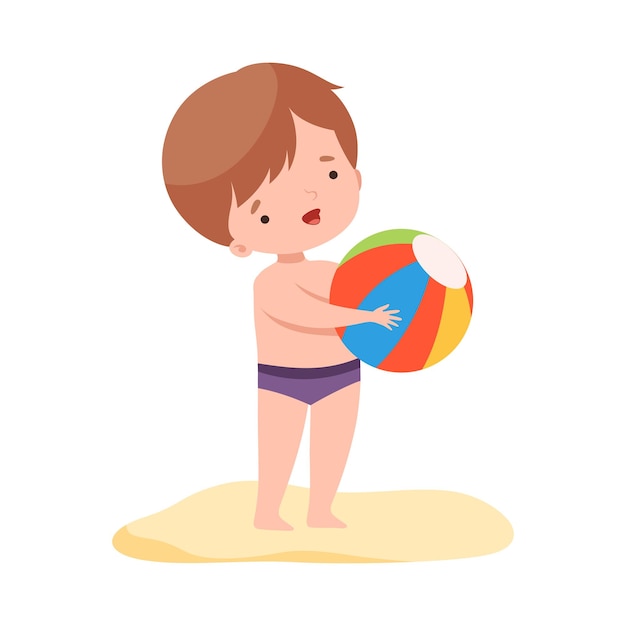 Słodki Chłopiec Bawiący Się Piłką Dzieci Letnie Zajęcia Uroczy Dziecko Bawiące Się Na Plaży W święta Ilustracja Wektorowa Z Kreskówek
