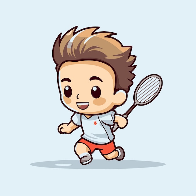 Plik wektorowy słodki chłopiec grający w badmintona, postać z kreskówek, wektorowy projekt ilustracji