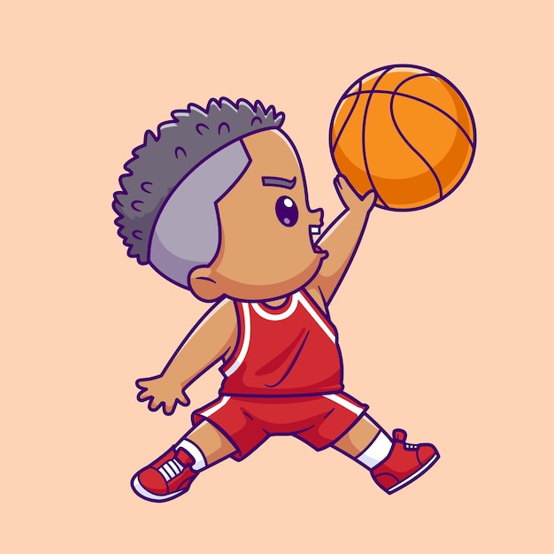 Słodki chłopiec grający w piłkę koszykówki kreskówka Ikona wektorowa Ilustracja Ludzie Ikona sportowa Izolowana płaska