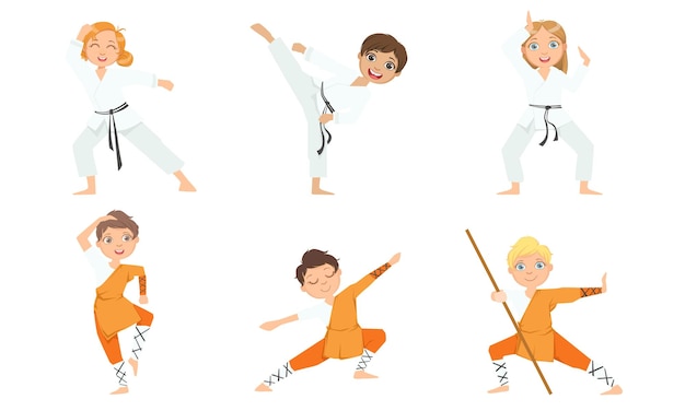 Plik wektorowy słodki chłopiec i dziewczyna ćwiczą karate i jiu jitsu w białym i pomarańczowym kimono dzieci ćwiczące sztuki walki ilustracja wektorowa