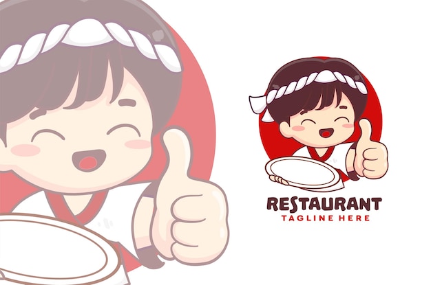 Słodki Chłopiec Kucharz Trzyma Logo Pustego Talerza Koreańskie Logo Szefa Kuchni Dla Restauracji I Logo żywności