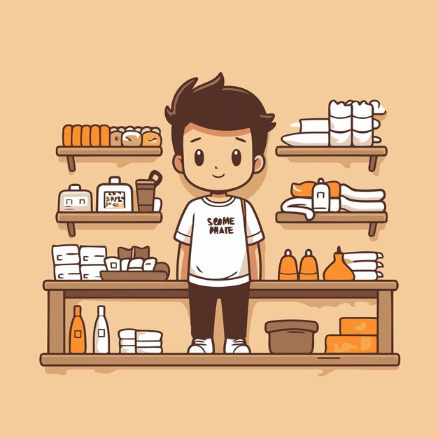 Plik wektorowy słodki chłopiec robi zakupy w supermarkecie ilustracja wektorowa w stylu kreskówki
