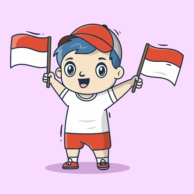 Słodki chłopiec trzymający dwie indonezyjskie flagi