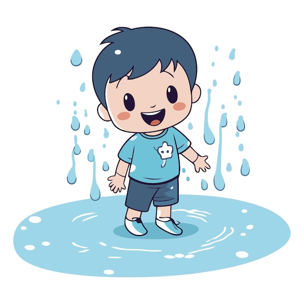 Plik wektorowy słodki chłopiec z kreskówki pływający w kałuży