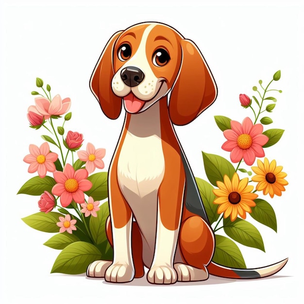 Plik wektorowy słodki coonhound dog and flowers ilustracja kreskówkowa