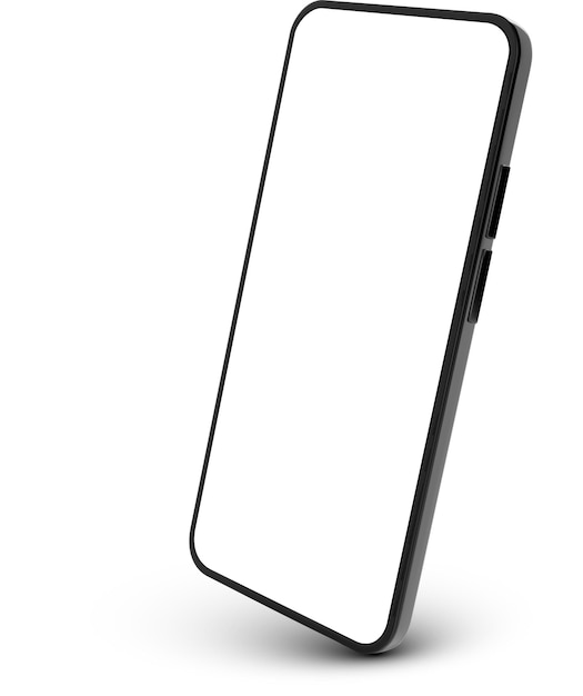 Słodki czarny smartfon z pustym białym ekranem idealny do wyświetlania interfejsów aplikacji mobilnych, stron internetowych lub treści cyfrowych na czystym białym tle