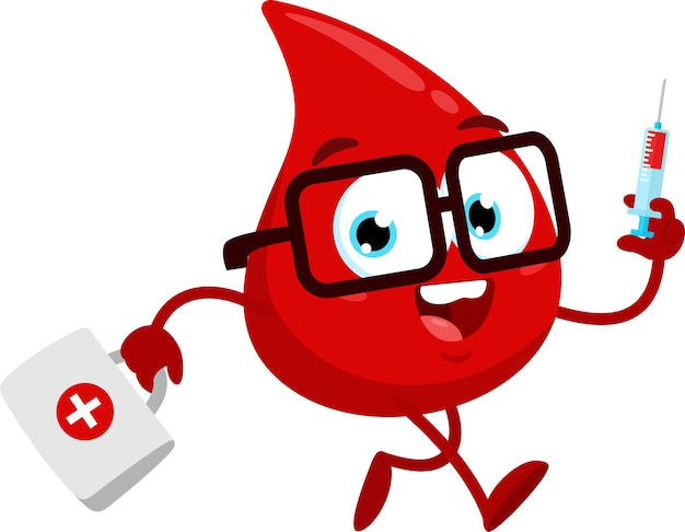 Plik wektorowy słodki czerwony kropla krwi doktor postać z kreskówki biegnąca z torbą leków i strzykawką