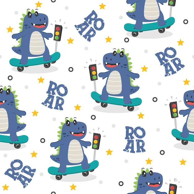 Słodki dinozaur z skateboardem Cartoon Vector Pattern Design