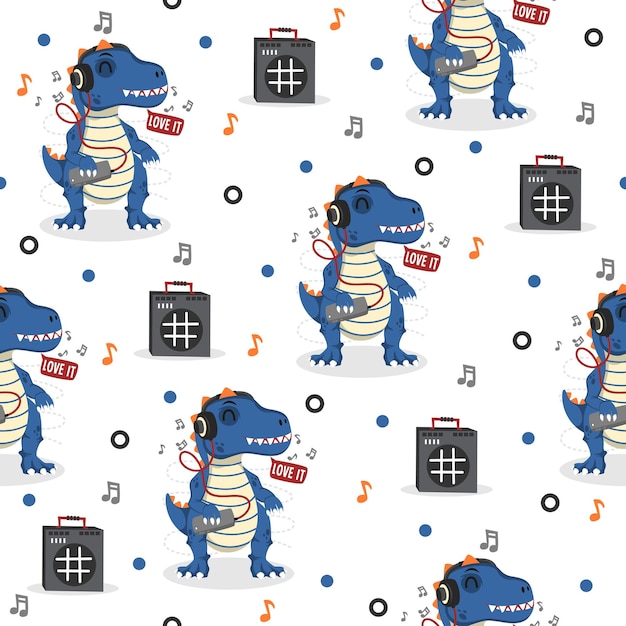 Słodki Dinozaur Z Słuchawkami Cartoon Vector Pattern Design