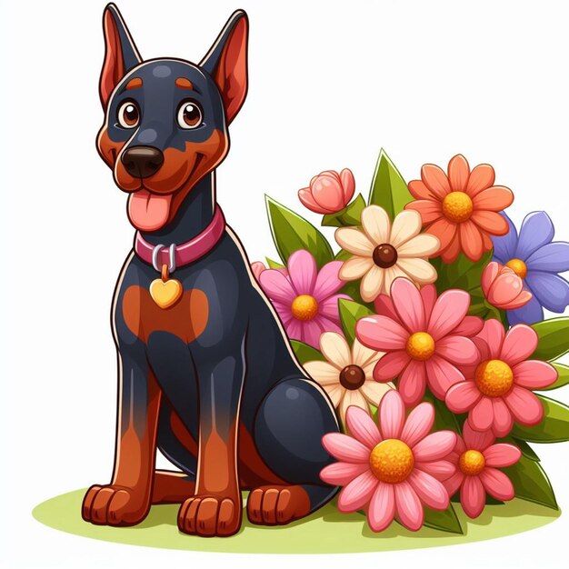 Plik wektorowy słodki doberman dogs amp kwiat wektor ilustracja kreskówka
