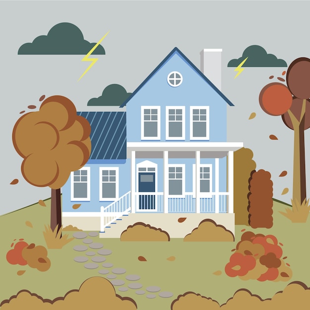 Plik wektorowy słodki dom, podwórkowa jesienna przyroda, burza z piorunami, liście błyskawic, opadanie liści, wiatr