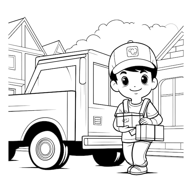 Plik wektorowy słodki dostawca z pudełkiem i ciężarówką kreskówka ilustracja wektorowa projekt graficzny
