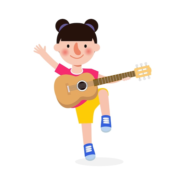 Słodki Dzieciak Skaczący Grający Na Gitarze Szczęśliwe Dzieci Grające Na Gitarze Występ Muzyczny