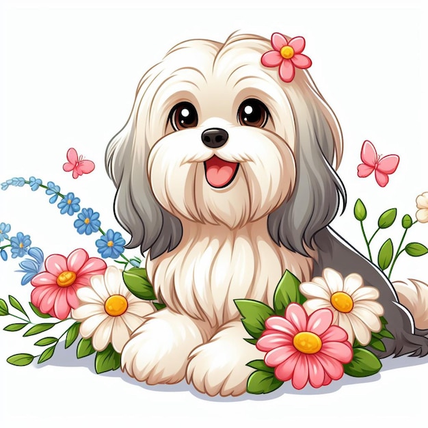 Plik wektorowy słodki hawański pies i kwiaty