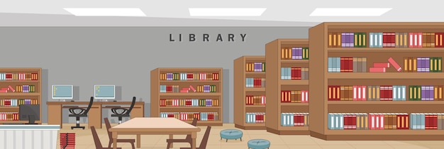 Słodki i ładny projekt pokoju biblioteki i wnętrza obiektów projektowania wektorowego