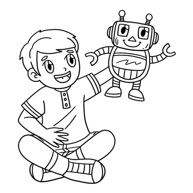 Słodki I Zabawny Obraz Chłopca Bawiącego Się Z Robotem Zapewnia Godzinę Zabawy Dla Dzieci Kolorowanie Tej Strony Jest Bardzo łatwe Nadaje Się Dla Małych Dzieci I Małych Dzieci