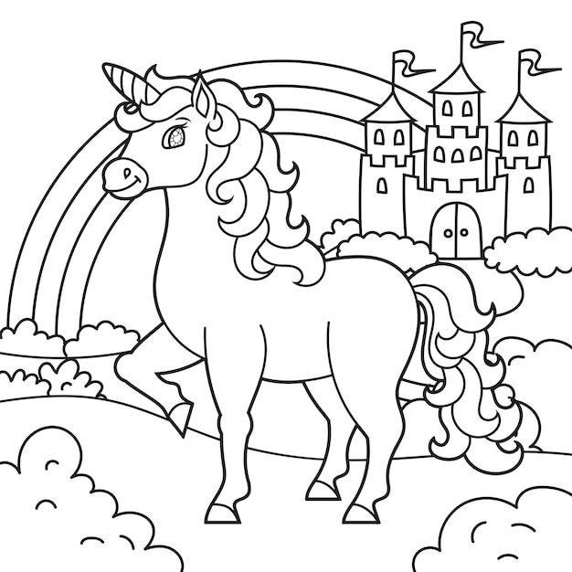 Słodki Jednorożec Magiczny Bajkowy Koń Krajobraz Z Pięknym Zamkiem Kolorowanka Dla Dzieci