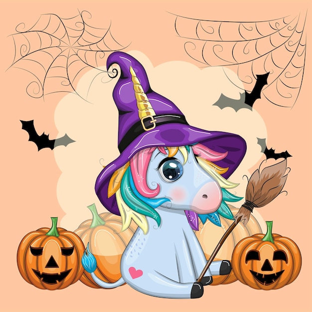 Słodki jednorożec z kreskówki w fioletowym kapeluszu czarownicy z eliksirem z dyni lub miotłą postać świąteczna Halloween