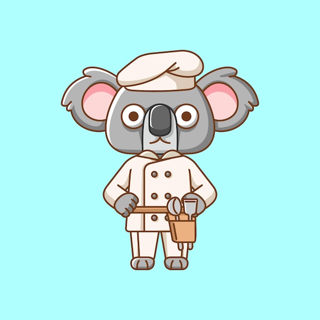 Słodki koala szef kuchni serwuje jedzenie zwierzę chibi postać maskotka ikona ilustracja stylu sztuki płaskiej linii