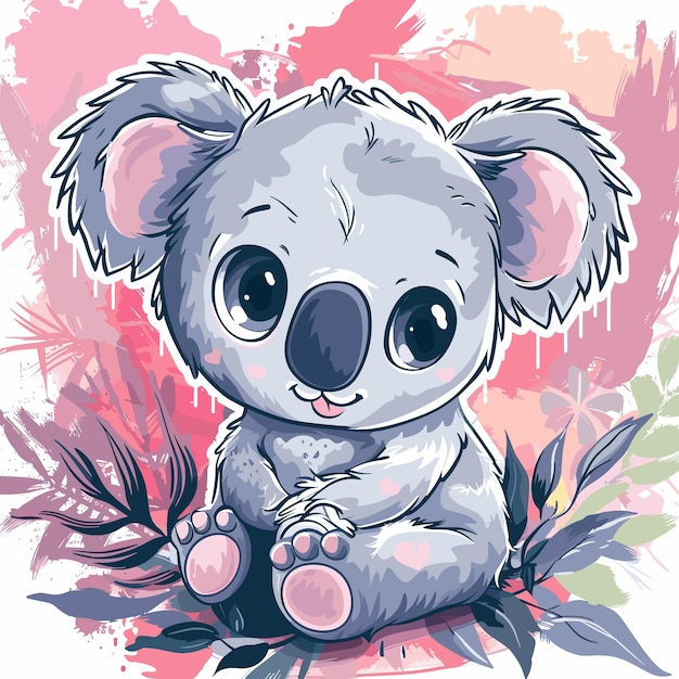 Słodki Koala Z Kreskówki Siedzący Na Kwiatowym Tle Ilustracja Wektorowa