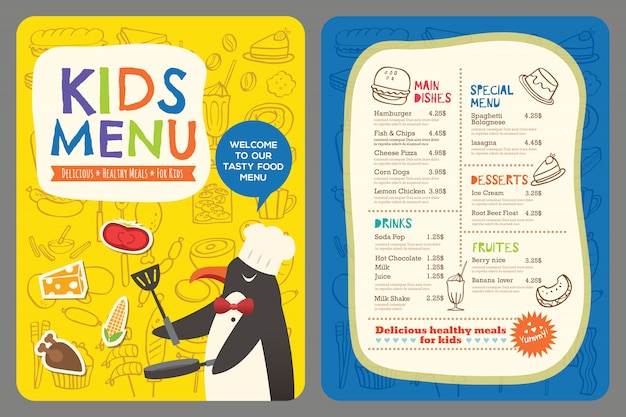 Słodki kolorowy wektorowy szablon menu dla dzieci