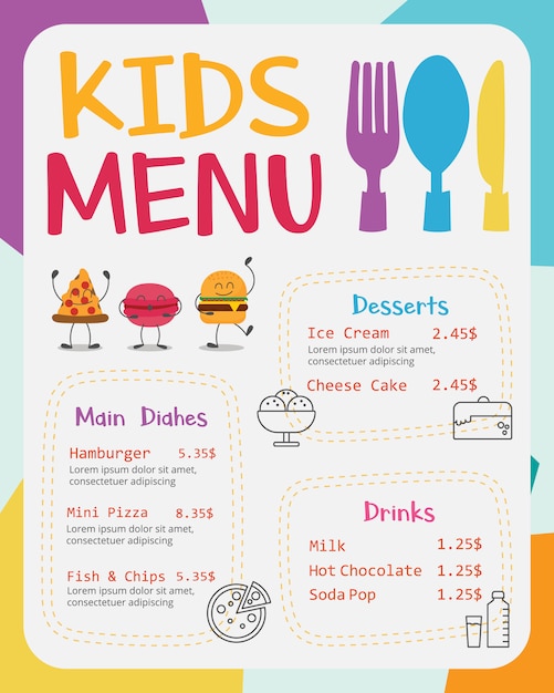 Słodki kolorowy wektorowy szablon menu dla dzieci