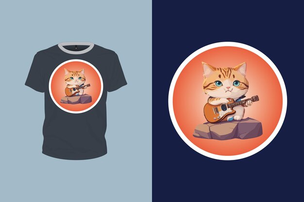 Plik wektorowy słodki kot bawiący się gitarą ilustracja do projektu koszulki edytowalny plik wektorowy gotowy do drukowania