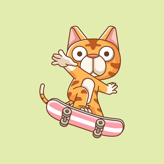 Słodki kot Grający w sztuczkę na deskorolce zwierzę kawaii chibi postać maskotka ilustracja styl