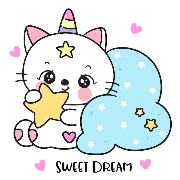 Słodki kot jednorożec śpi na poduszce chmurowej kawaii zwierzęca opowieść przed snem