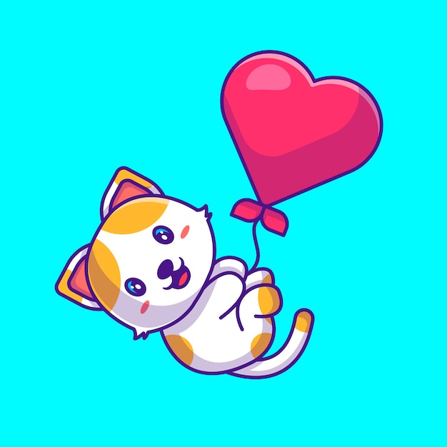 Słodki Kot Latający Z Balonem Miłości Ilustracja Kreskówka