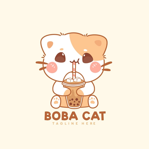 Plik wektorowy słodki kot pije herbatę mleczną boba kreskówka ręcznie rysowane logo kawaii