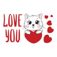 Słodki kot z tekstem sloganu kocham cię i czerwone serca wektor druku i napisów ilustracji