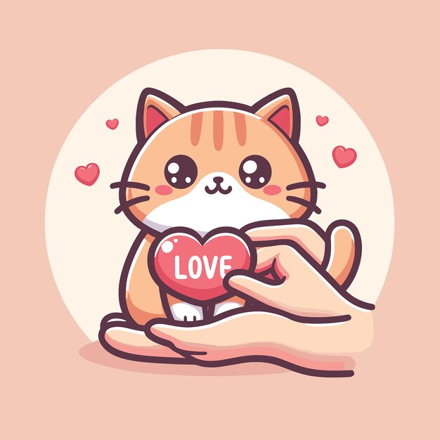 Słodki Kot Z Znakiem Miłości Ręczna Ilustracja Kreskówki Koncepcja Przyrody Zwierząt Izolowana Płaskie Kreskówki